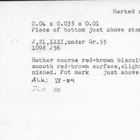 Index card with typed and handwritten information, sometimes including a sketch, of pottery from an excavation.