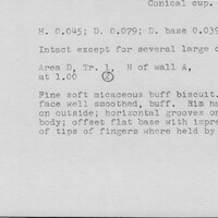 Index card with typed and handwritten information, sometimes including a sketch, of pottery from an excavation.