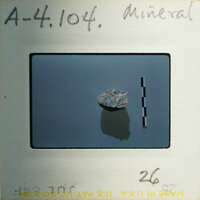 A small rock specimen on a slide with measurement lines and handwritten notes.