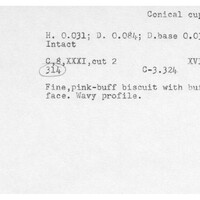 Index card with typed and handwritten information, sometimes including a sketch, of pottery from an excavation.