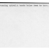 Index card with typed and handwritten information, sometimes including a sketch, of pottery from an excavation.