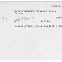Index card with typed and handwritten information, sometimes including a sketch, of pottery from an excavation.