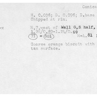 Index card with typed and handwritten information, sometimes including a sketch, of pottery from an excavation.