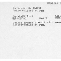 Index card with typed and handwritten information, sometimes including a sketch, of pottery from an excavation.