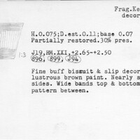 Index card with typed and handwritten information, sometimes including a sketch, of pottery from an excavation.