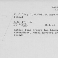 Index card with typed and handwritten information, sometimes including a sketch, of pottery from an excavation.