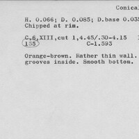 Index card with typed and handwritten information, sometimes including a sketch, of pottery from an excavation.