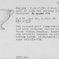 Index card with typed and handwritten information, sometimes including a sketch, of pottery from an excavation.