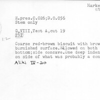 Index card with typed and handwritten information, sometimes including a sketch, of pottery from an excavation.