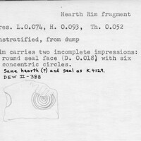 Index card with typed and handwritten information, sometimes including a sketch, of pottery from an excavation.