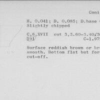 Index card with typed and handwritten information, sometimes including a sketch, of pottery from an excavation.
