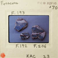 Three broken pieces of blue and white ceramic on a surface.