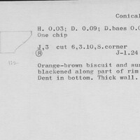 Index card with typed and handwritten information, sometimes including a sketch, of pottery from an excavation.