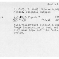 Index card with typed and handwritten information, sometimes including a sketch, of pottery from an excavation.