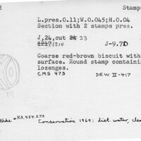 Index card with typed and handwritten information, sometimes including a sketch, of pottery from an excavation.
