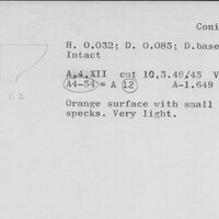 Index card with typed and handwritten information, sometimes including a sketch, of pottery from an excavation.