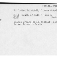 Index card with typed and handwritten information, sometimes including a sketch, of pottery from an excavation.
