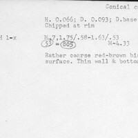 Index card with typed and handwritten information, sometimes including a sketch, of pottery from an excavation.