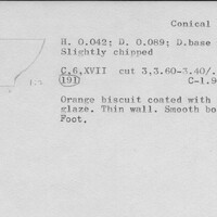 Index card with typed and handwritten information, sometimes including a sketch, of pottery from an excavation.