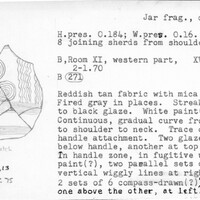 Index card with typed and handwritten information, sometimes including a sketch, of pottery from an excavation.