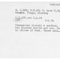 Index card with typed and handwritten information, sometimes including a sketch, of pottery from an excavation.