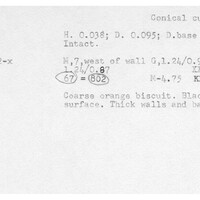 Index card with typed and handwritten information, sometimes including a sketch, of pottery from an excavation.
