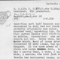 Index card with typed and handwritten information, sometimes including a sketch, of pottery from an excavation.