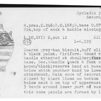 Index card with typed and handwritten information, sometimes including a sketch, of pottery from an excavation.