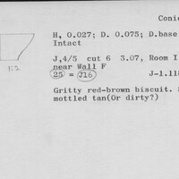 Index card with typed and handwritten information, sometimes including a sketch, of pottery from an excavation.