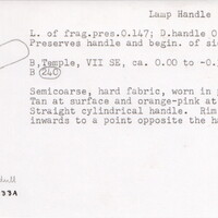 Index card with typed and handwritten information, sometimes including a sketch, of pottery from an excavation.
