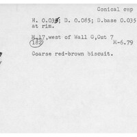 Index card with typed and handwritten information, sometimes including a sketch, of pottery from an excavation.