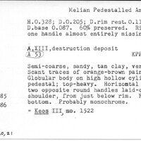 Index card with typed and handwritten information, sometimes including a sketch, of pottery from an excavation.