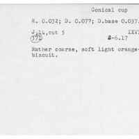 Index card with typed and handwritten information, sometimes including a sketch, of pottery from an excavation.