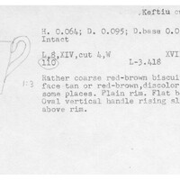 Index card with typed and handwritten information, sometimes including a sketch, of pottery from an excavation.
