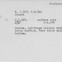 Index card with typed and handwritten information, sometimes including a sketch, of pottery from an excavation.