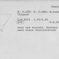Index card with typed and handwritten information, sometimes including a sketch, of pottery from an excavation.