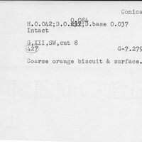 Index card with typed and handwritten information, sometimes including a sketch, of pottery from an excavation.