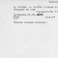 Index card with typed and handwritten information, sometimes including a sketch, of pottery from an excavation.