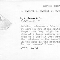 Index card with typed and handwritten information, sometimes including a sketch, of pottery from an excavation.