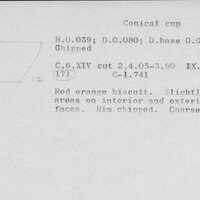 Index card with typed and handwritten information, sometimes including a sketch, of pottery from an excavation.