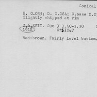 Index card with typed and handwritten information, sometimes including a sketch, of pottery from an excavation.