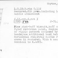 Index card with typed and handwritten information, sometimes including a sketch, of pottery from an excavation.
