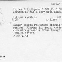 Index card with typed and handwritten information, sometimes including a sketch, of pottery from an excavation.