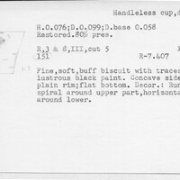 Index card with typed and handwritten information, sometimes including a sketch, of pottery from an excavation.