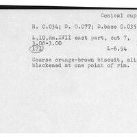 Index card with typed and handwritten information, sometimes including a sketch, of pottery from an excavation.