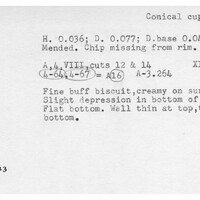 Index card with typed and handwritten information, sometimes including a sketch, of pottery from an excavation.
