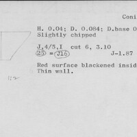Index card with typed and handwritten information, sometimes including a sketch, of pottery from an excavation.
