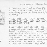 Index card with typed and handwritten information, sometimes including a sketch, of pottery from an excavation.