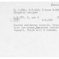 Index card with typed and handwritten information, sometimes including a sketch, of pottery from an excavation.