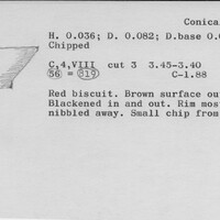 Index card with typed and handwritten information, sometimes including a sketch, of pottery from an excavation.